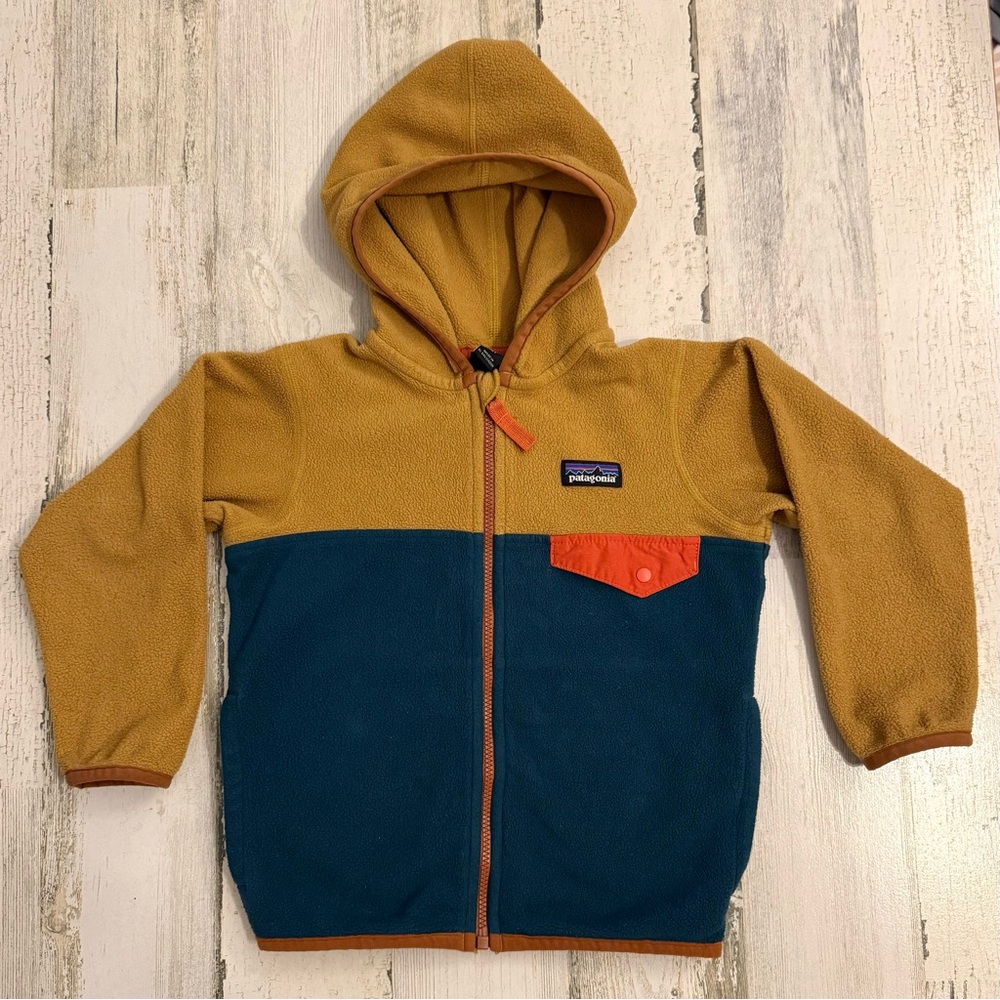 Kids' Patagonia Micro D Snap-T Hooded Fleece Jacket- Mustard, Teal, Brown& Coral